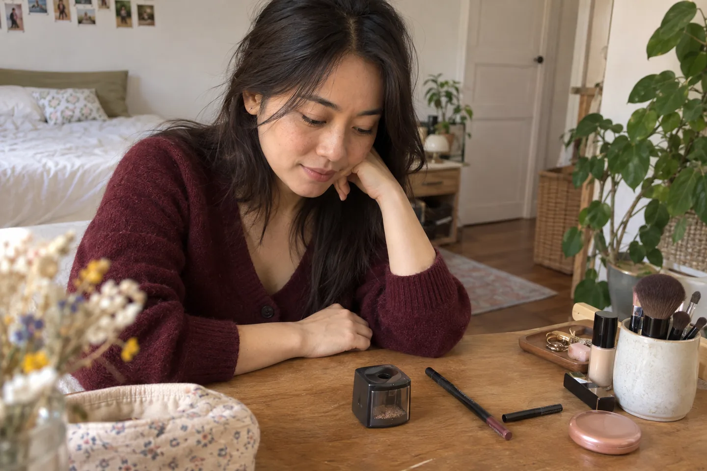 Une femme prépare ses petits accessoires de maquillage.
