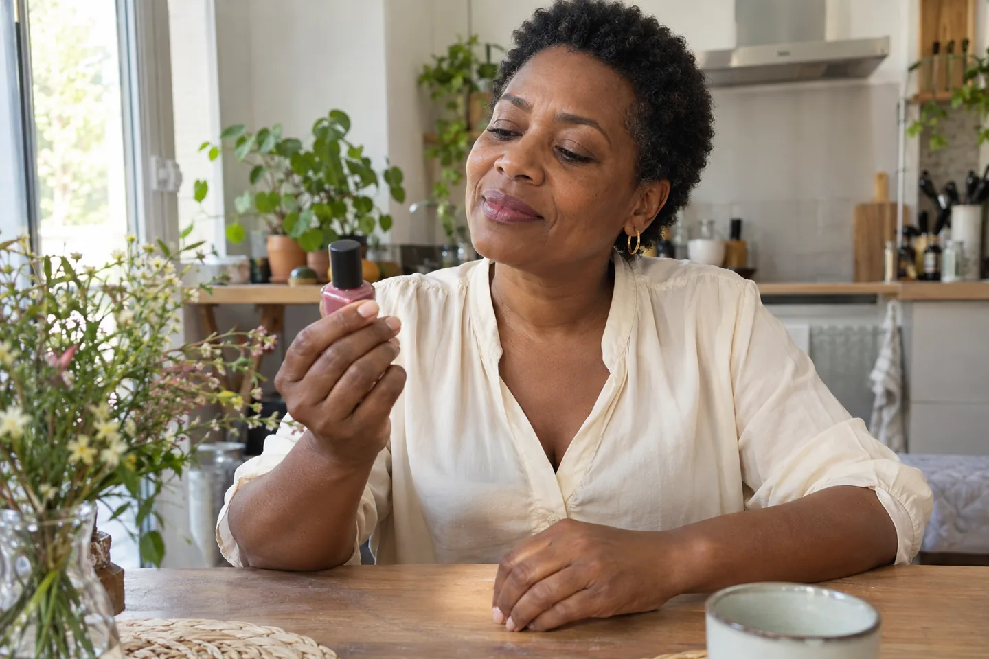 Une femme examine un flacon fermé avant sa manucure.